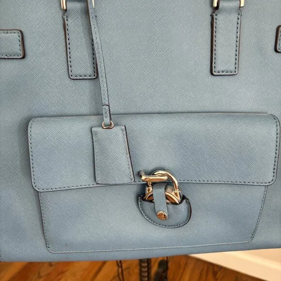 Michael Kors Tote Bag Emma Satchel Shoulder Crossbody Blue Pockets Leather - Picture 8 of 14